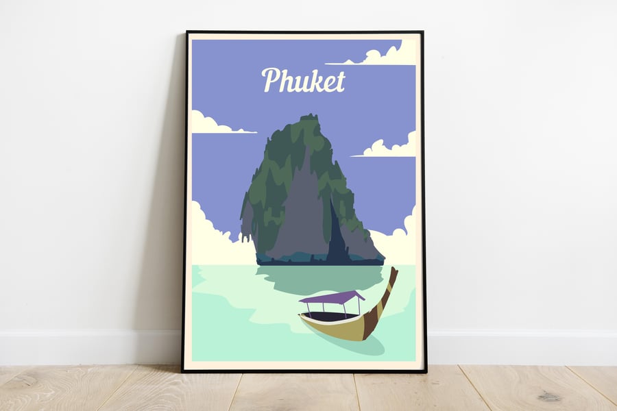 Phuket retro travel poster, Phuket wall print, Thailand travel poster