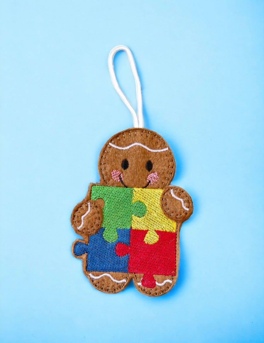 Autism jigsaw Gingerbread man Embroidered Hanging Keepsake