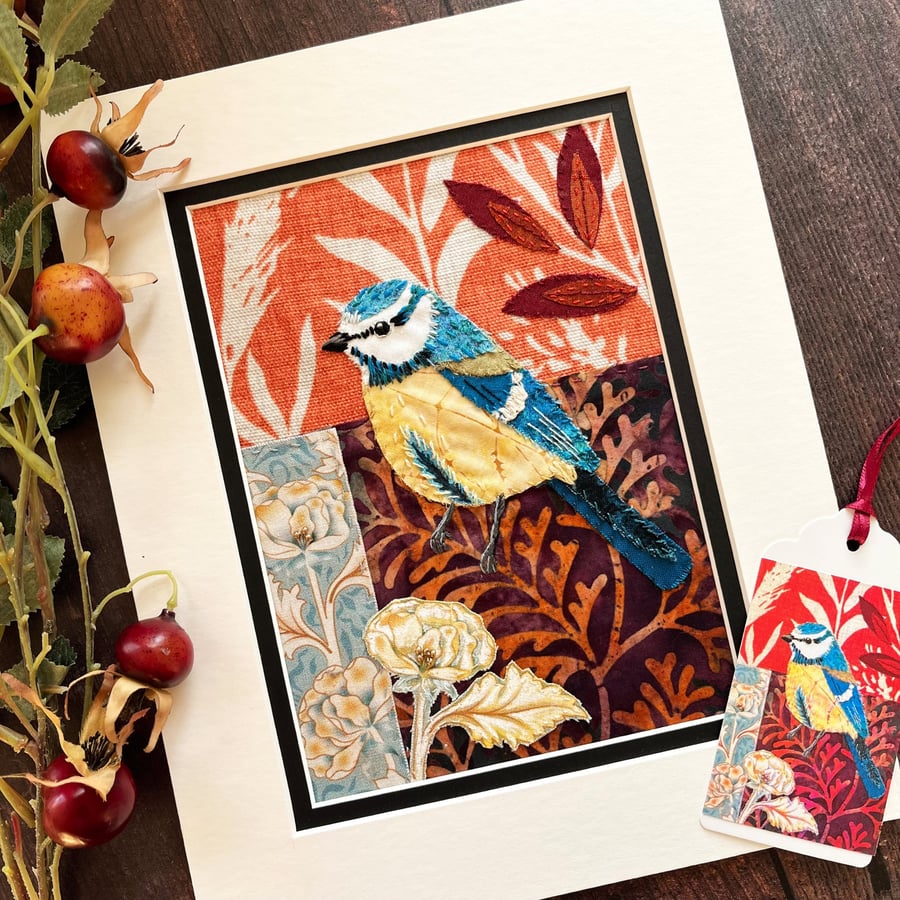 Handsewn textile picture of blue tit - Christmas gift for bird lover