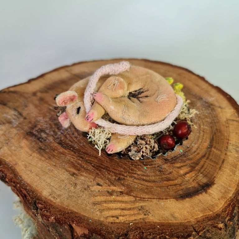 Handmade soft sculpture sleeping mouse textile art