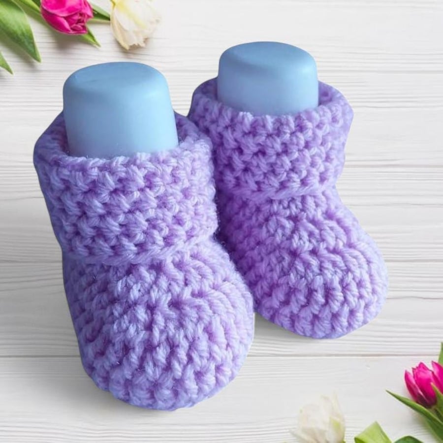 Lilac Crochet Baby Booties Handmade Newborn Shoes 0 to 3 Months