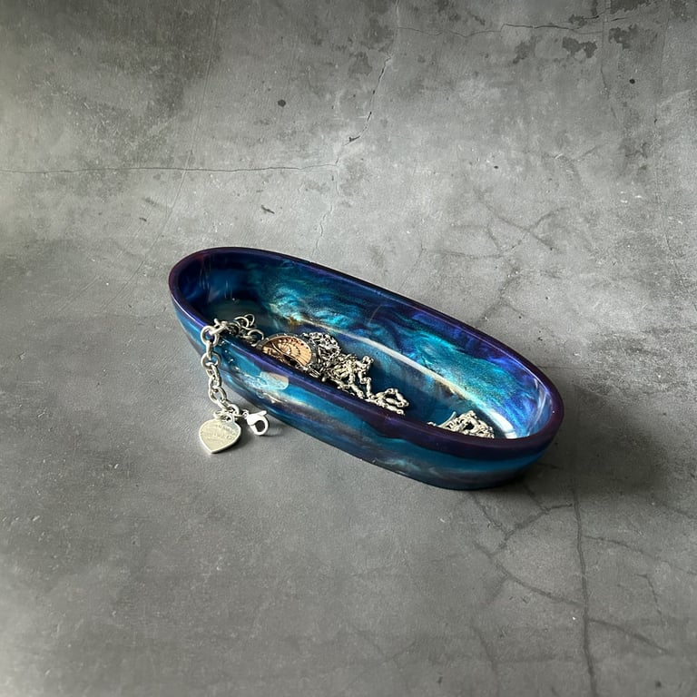 Blue and Silver Resin Trinket Dish - Oval Key Tray
