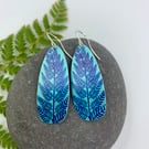Teal fern print aluminium dangly earrings