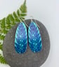 Teal fern print aluminium dangly earrings