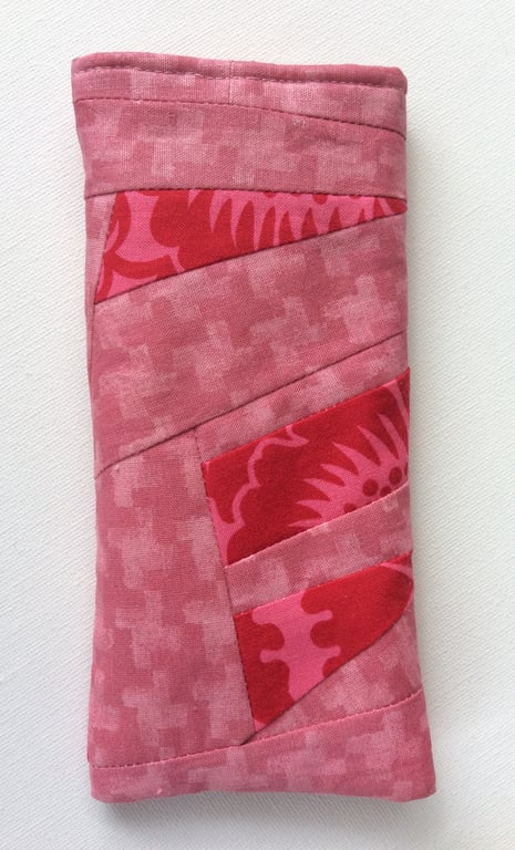 Glasses, sunglasses case, crazy patchwork, pink and red