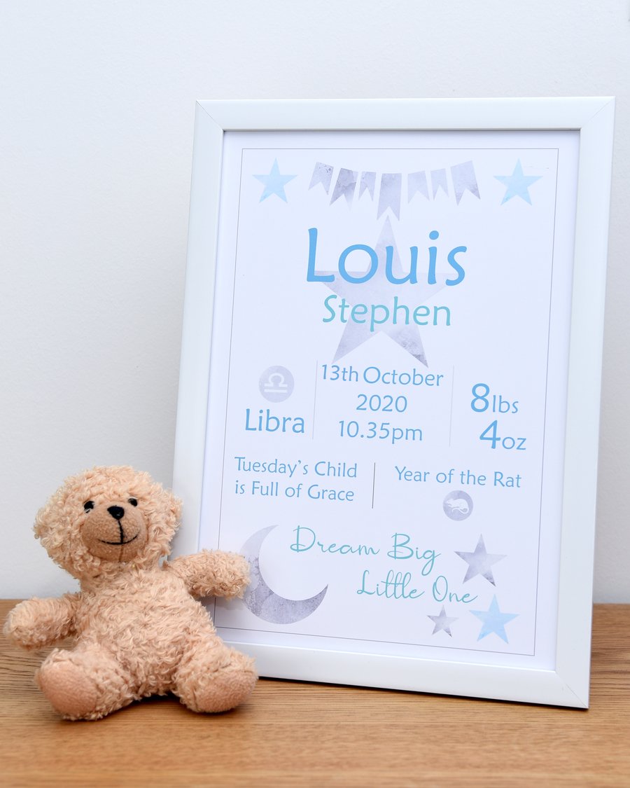 Personalised New Baby Gift, Baby Name Wall Art, Christening Gift, A4 Print