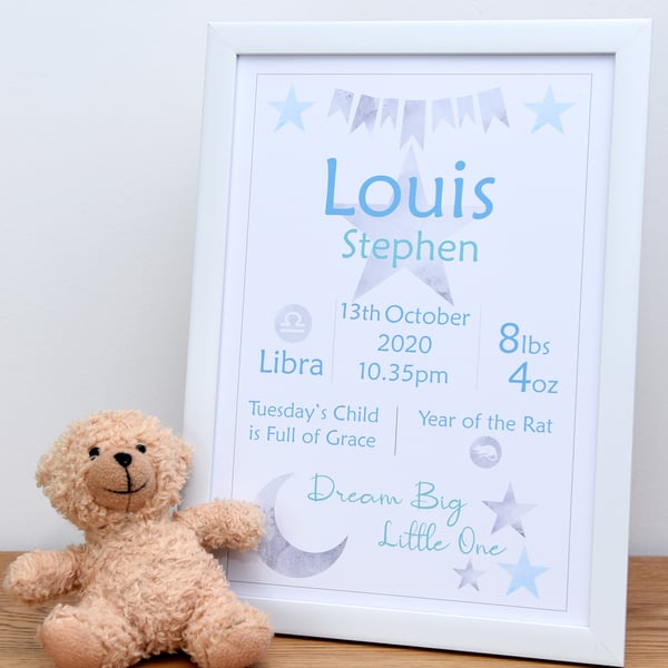 Personalised New Baby Gift, Baby Name Wall Art, Christening Gift, A4 Print