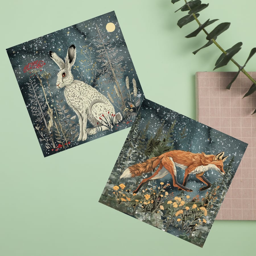 Country Cards, Hare and Fox - set of 2 cards