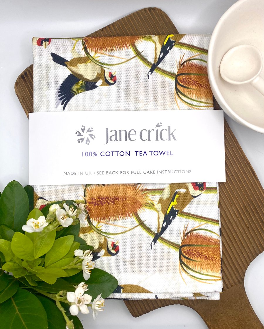 Goldfinches with Teazles Cotton Tea Towel