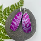 Dark pink fern print aluminium earrings