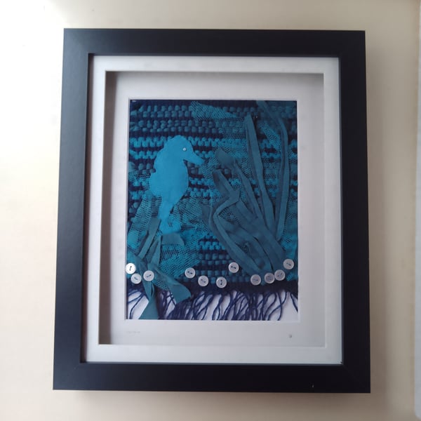 Framed woven textile artwork seahorse 