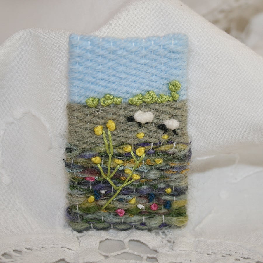SALE - Embroidered Brooch - Sheep and Meadow