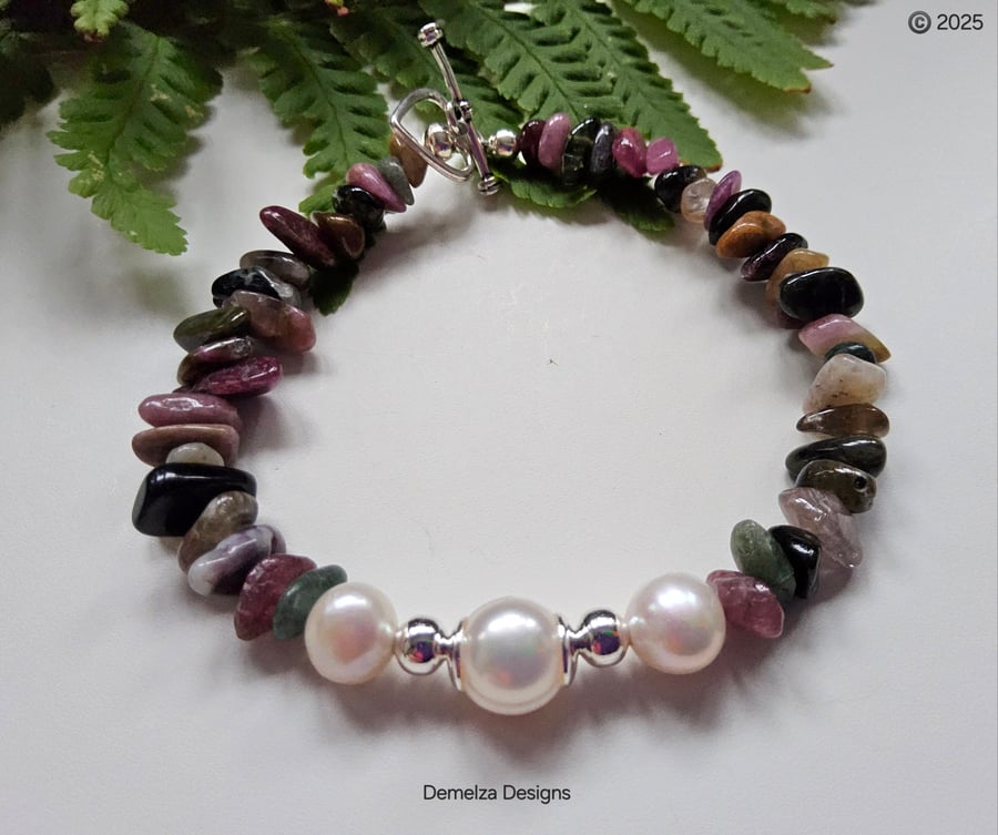 Designer Tourmaline & Large Cream Freshwater Culture Pearl Bracelet 