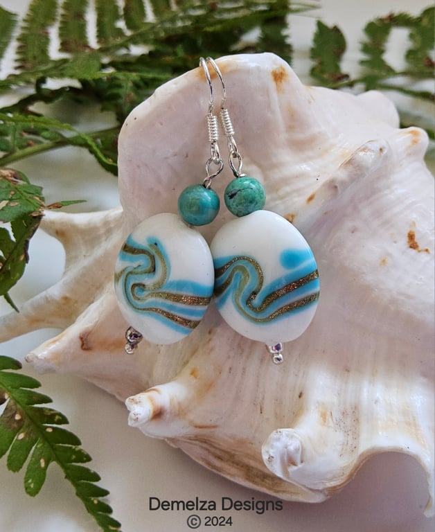 Designer Natural Turquoise & Murano Glass Sterling Silver Earrings