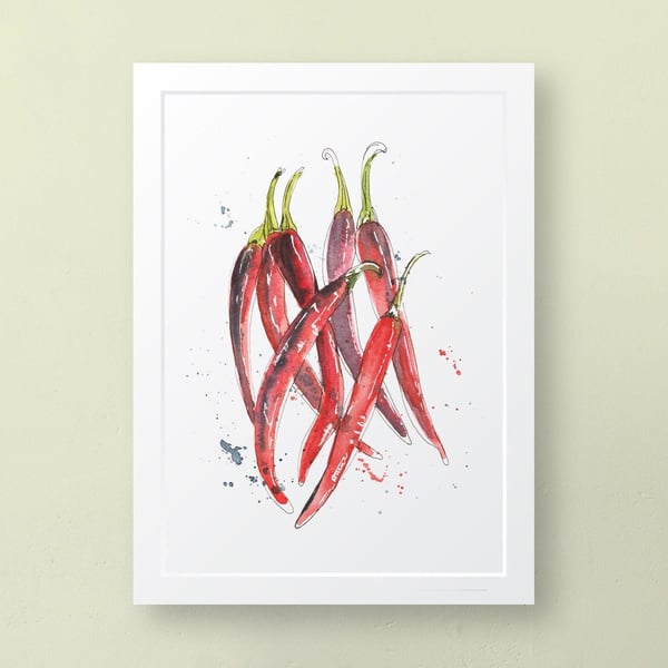 Red Chillies in Watercolour and Ink A4 Art Print 