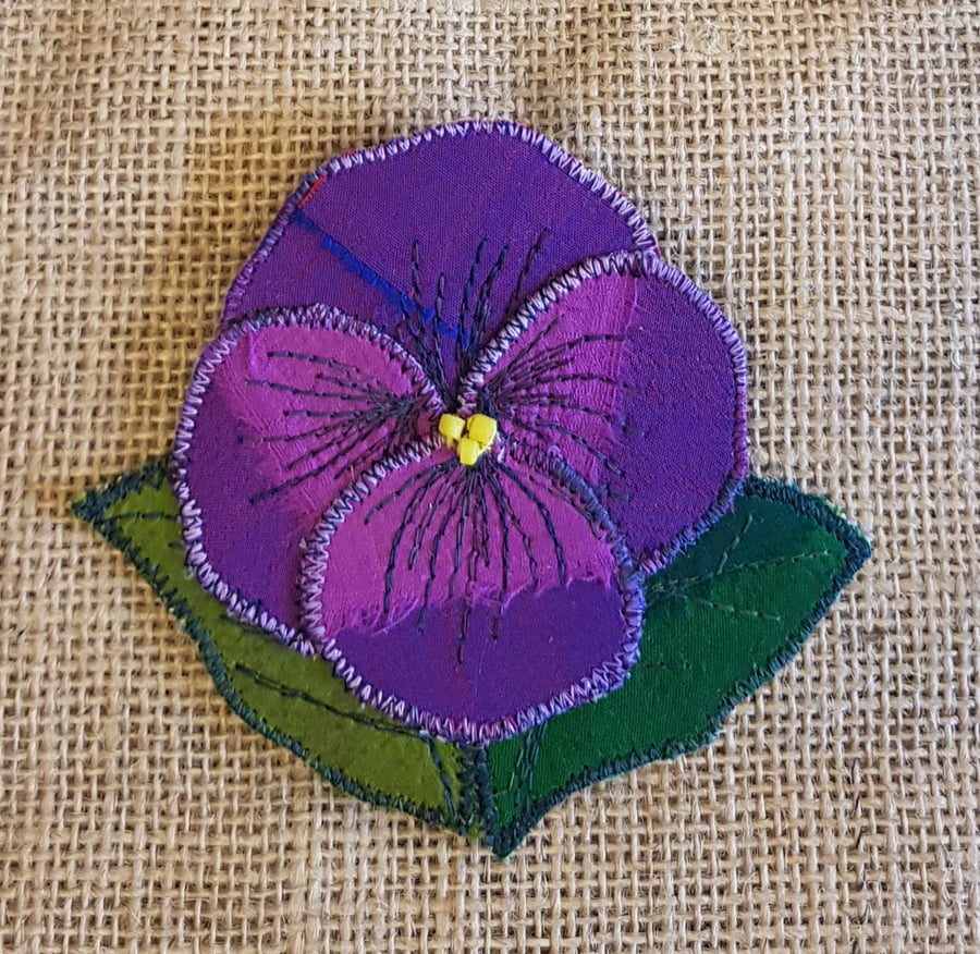 Silk pansy brooch: shades of purple and mauve