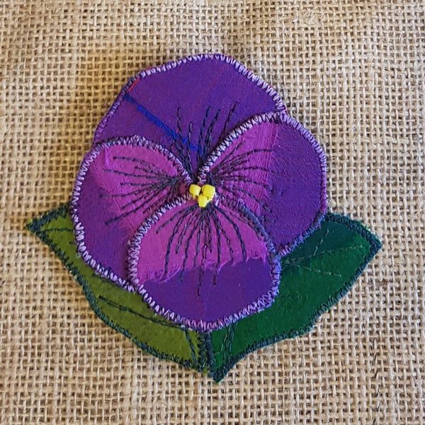 Silk pansy brooch: shades of purple and mauve