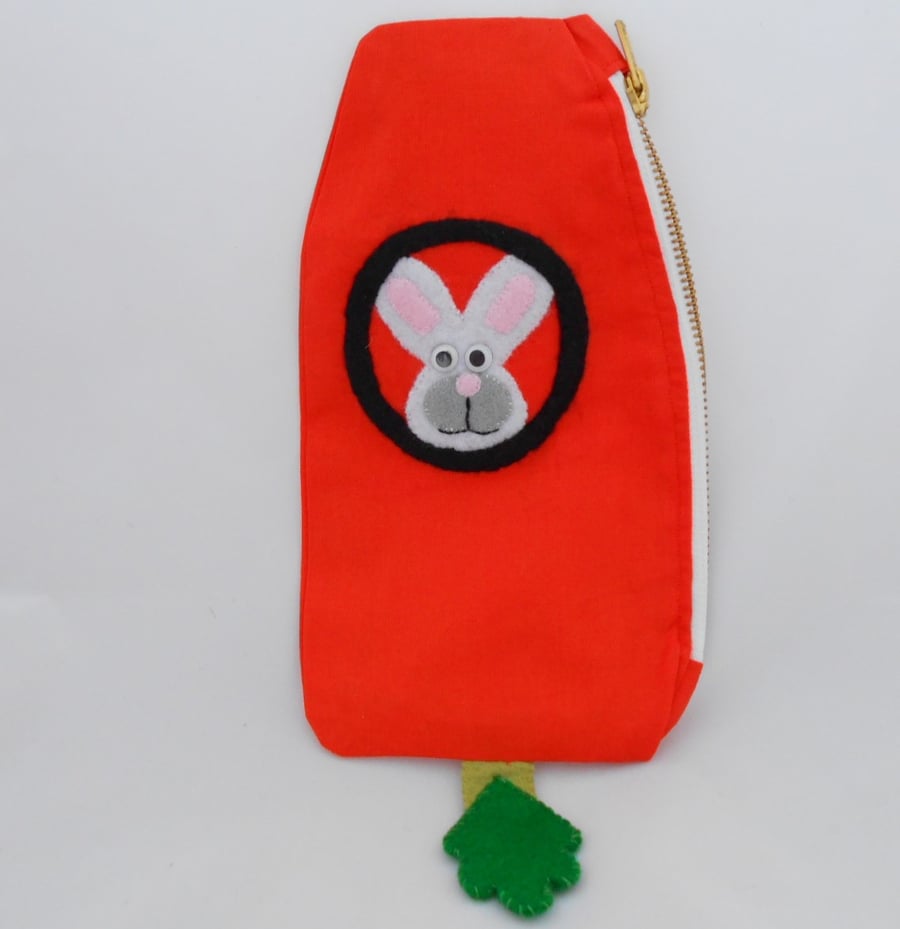 PENCIL CASE - Carrot Rocket Pencil Case - with applique Rabbit - GIFT