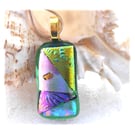 Green Patchwork Dichroic Glass Pendant 190 gold plated chain