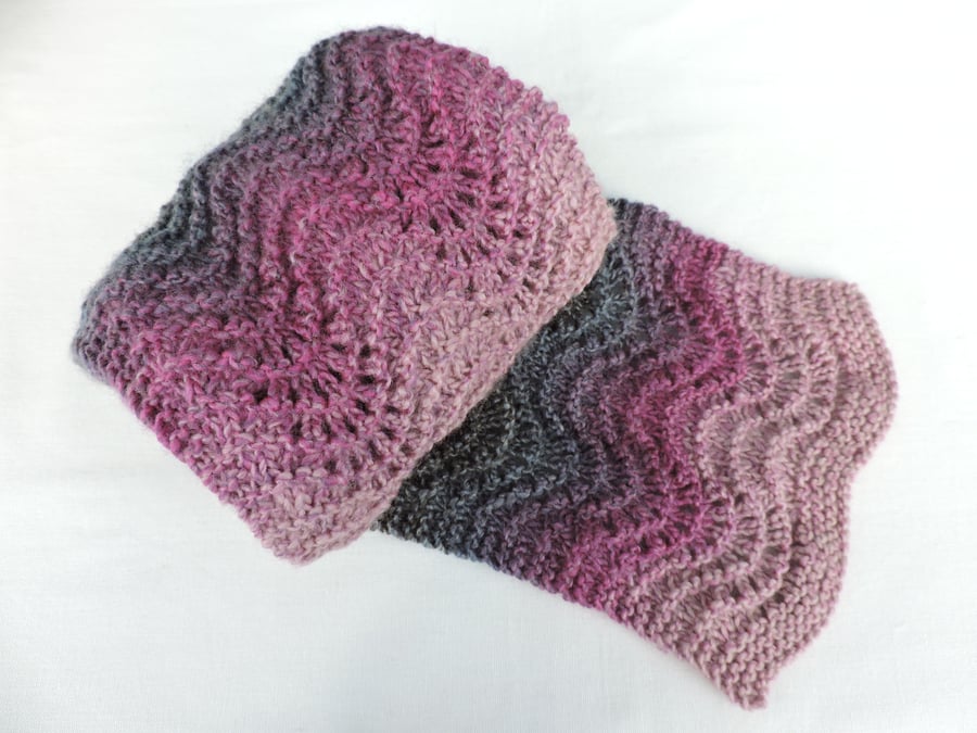 Sale  Knitted Scarf Wavy and Lacey rose pink, pale pink, grey, brown