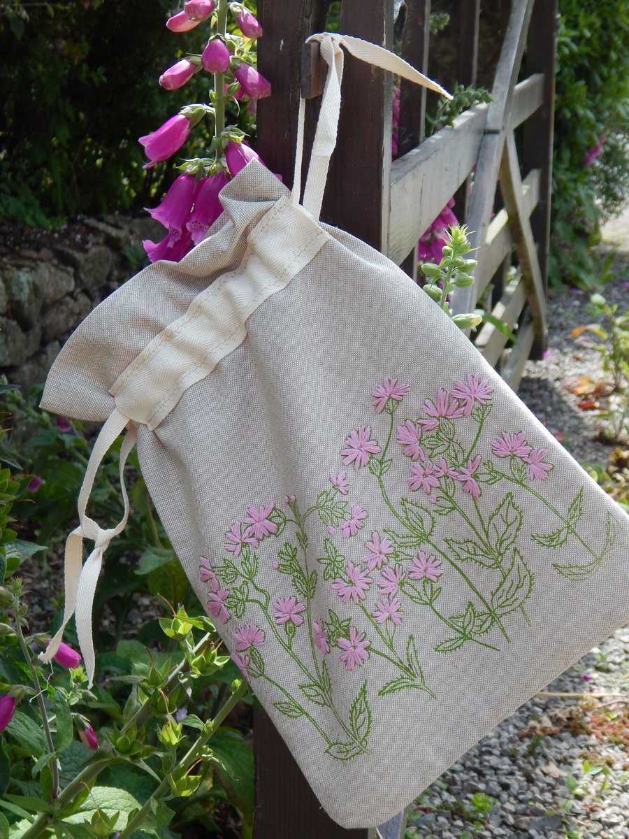 Red Campion Screen Printed and Hand embroidered- drawstring bag