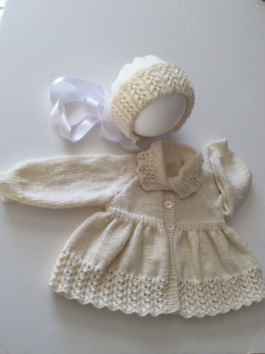 Hand knitted heirloom Babies matinee coat and hat set hand 