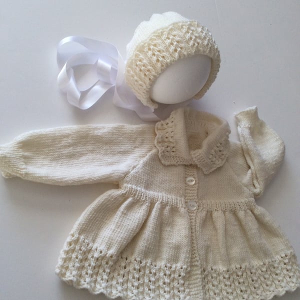 Hand knitted heirloom Babies matinee coat and hat set hand 