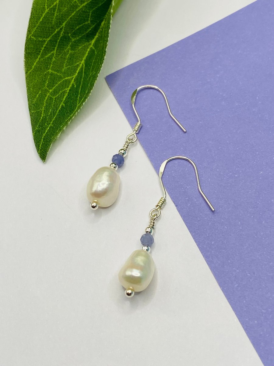 Sterling silver drop earrings with freshwater pearls and tanzanite