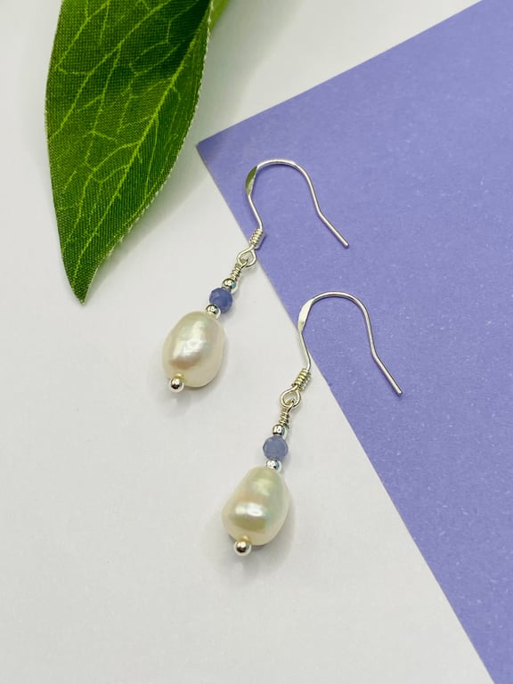 Sterling silver drop earrings with freshwater pearls and tanzanite
