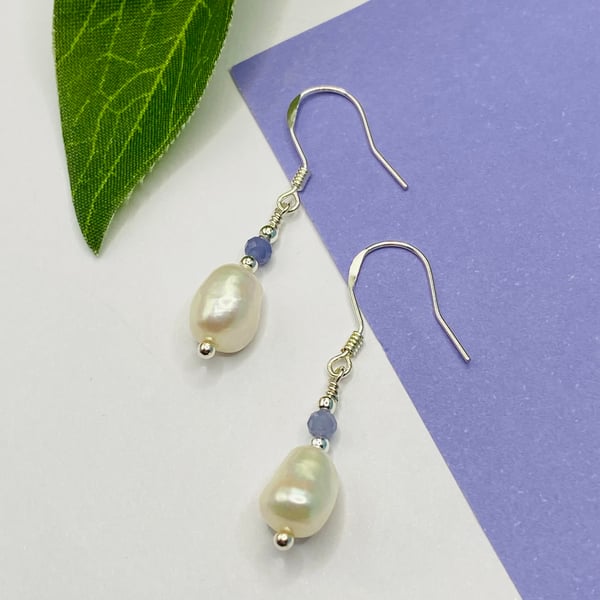 Sterling silver drop earrings with freshwater pearls and tanzanite