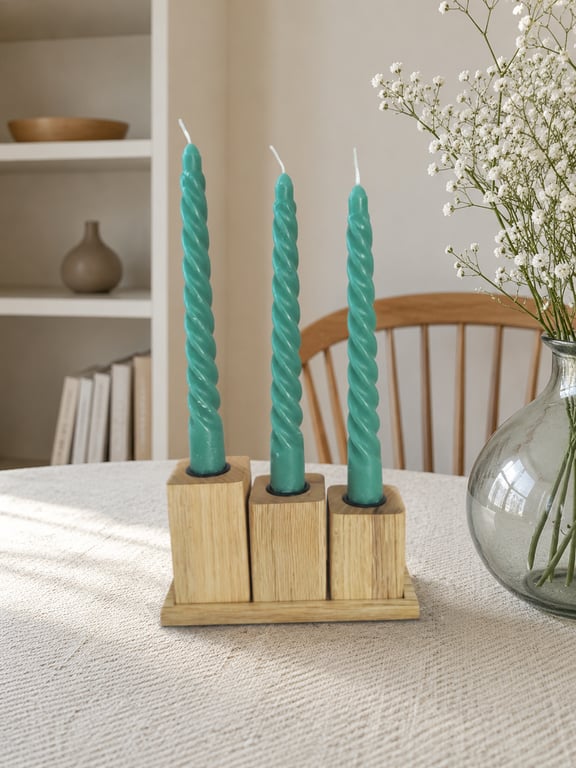 Solid Oak Dinner Candle Holder Set Upcycled Wood Trio with Tray