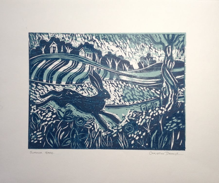 Summer Hare - Original lino cut print by artist and printmaker Christine Dracup