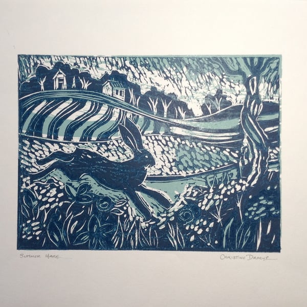 Summer Hare - Original lino cut print by artist and printmaker Christine Dracup