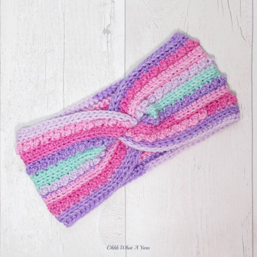 Crochet headband, ear warmer. Pink lilac and green crochet ear warmer. 