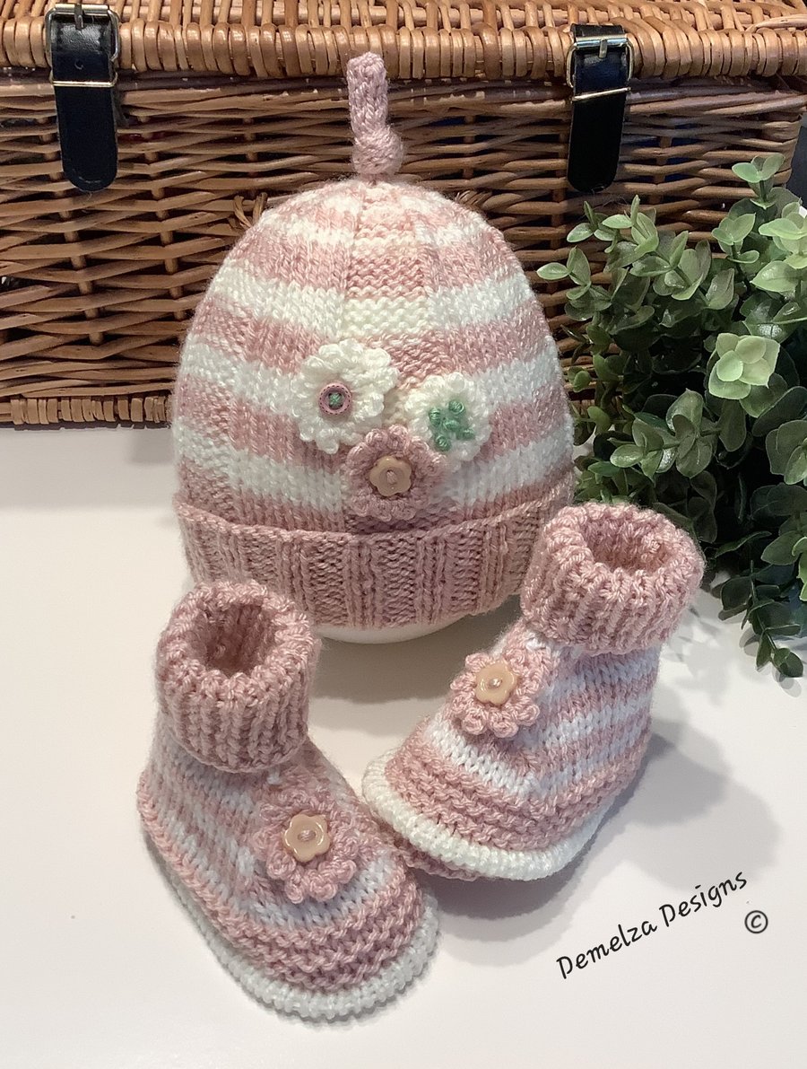 Designer Baby Girl's Floral Beanie Hat & BootiesSet 0-6 months size