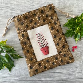 Hand Embroidered Drawstring Christmas Tree Gift Bag