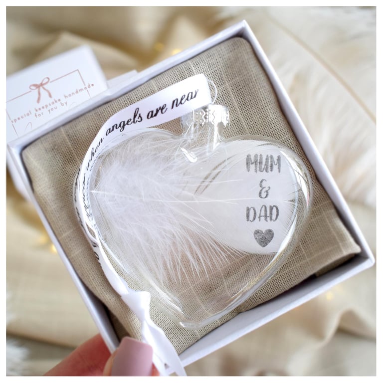 Mum and Dad Memorial Feather Bauble, In Memory of Parents, Heart Glass Christmas