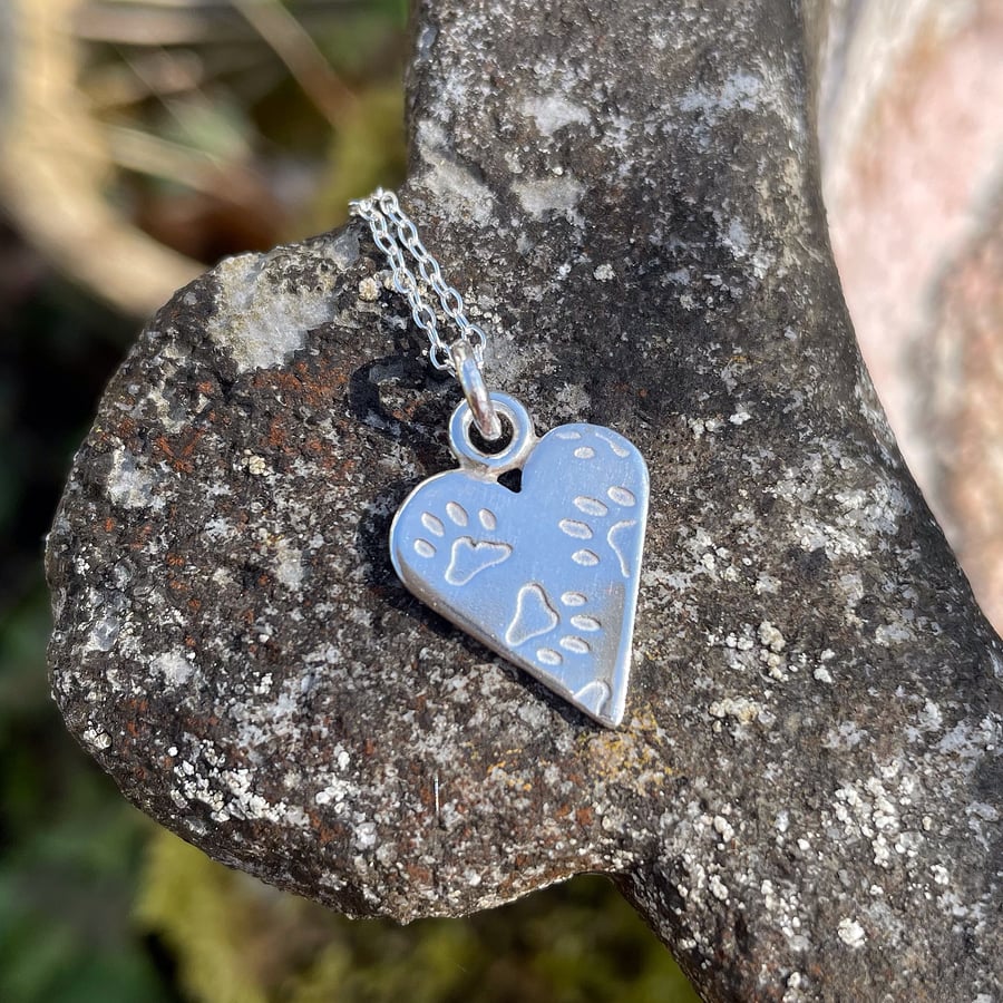 Sterling silver paw print heart pendant and chain