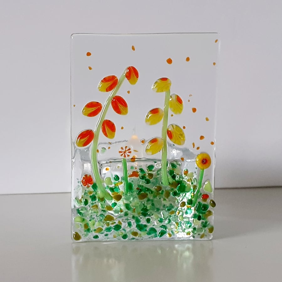 Fused glass tealight candle holder panel, yellow and orange floral