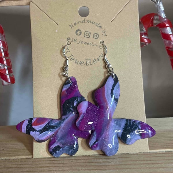 Handmade Polymer Clay Purple Marble Dangle Earrings 