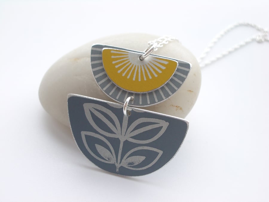 Yellow and grey folk art retro style flower pendant