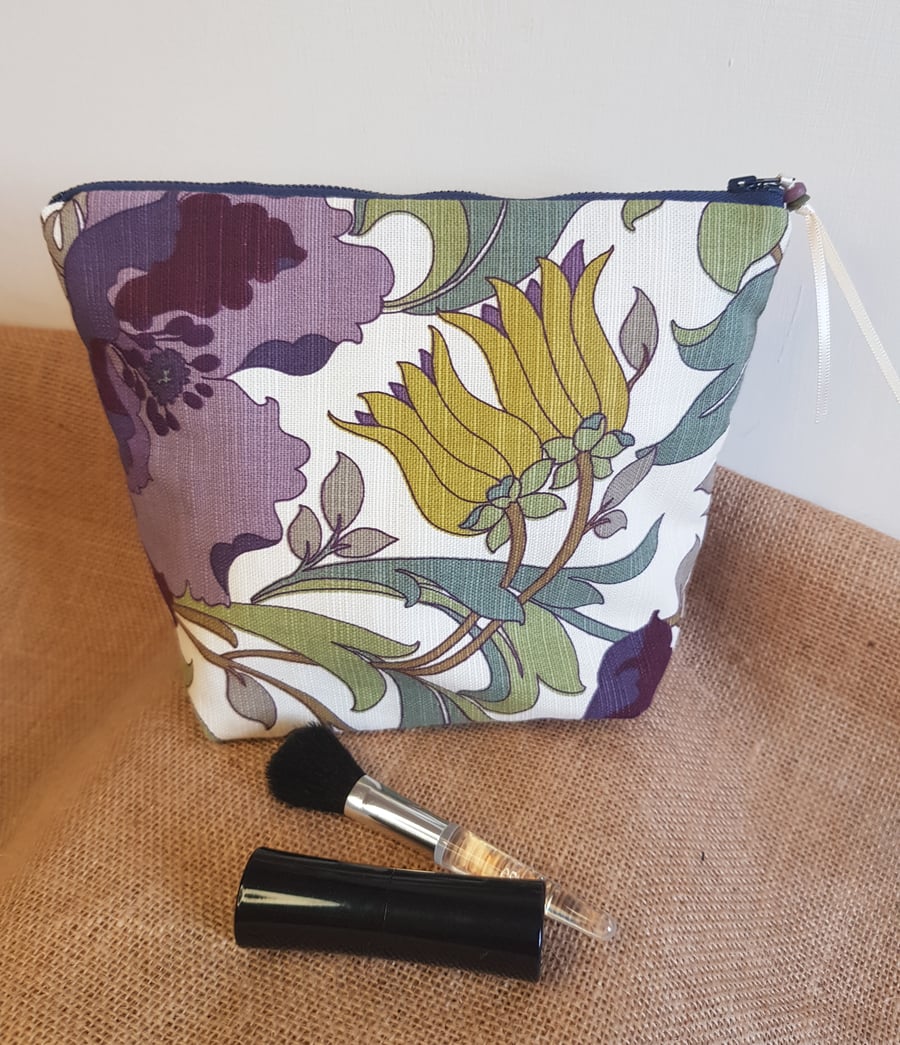 Vintage fabric  zipped pouch or makeup bag: purple poppy: medium 