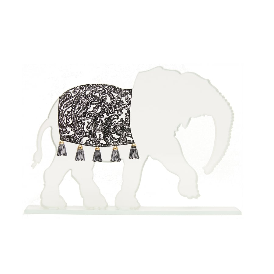 Glass Elephant Sculpture with Paisley Blanket in Printed Kiln-Fired Enamel
