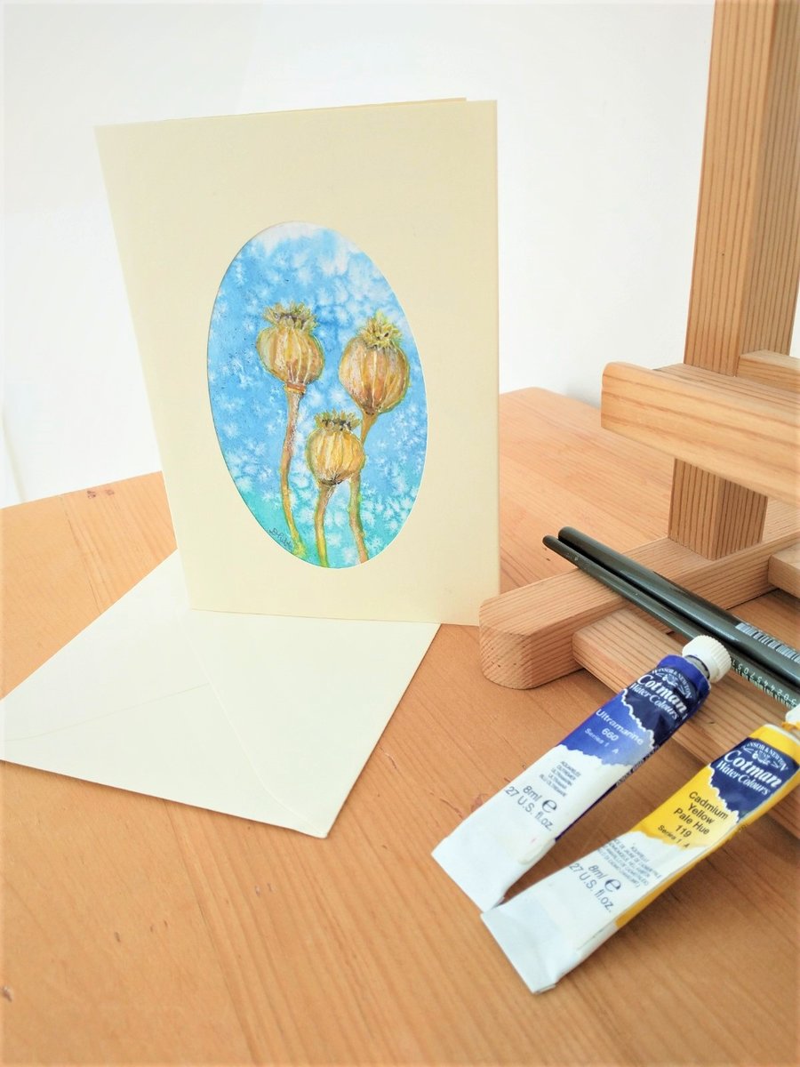 Poppy head seeds greetings card