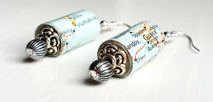 Paper beaded earrings with Tibetan silver beads made with an old map of Norway