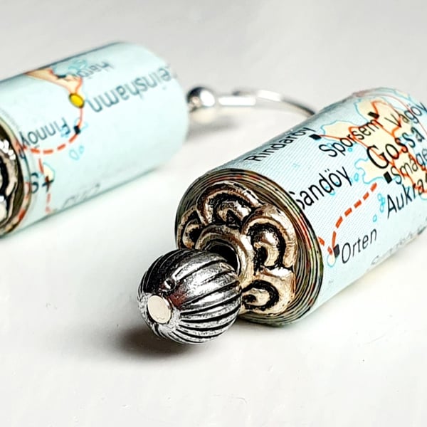 Paper beaded earrings with Tibetan silver beads made with an old map of Norway