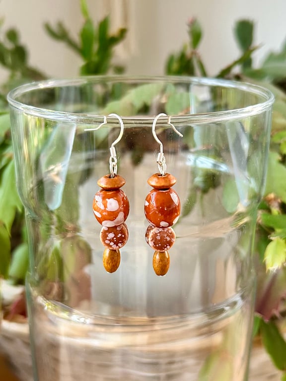 Ceramic drop earrings - painted ceramic and wooden beads on silver plated wire