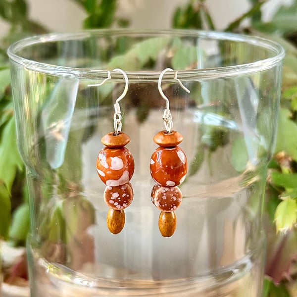 Ceramic drop earrings - painted ceramic and wooden beads on silver plated wire