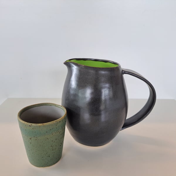 HAND MADE CERAMIC JUG - glazed in green and charcoal