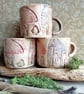 Small rustic mug,tea cup, linocut design fungi toadstools mushrooms